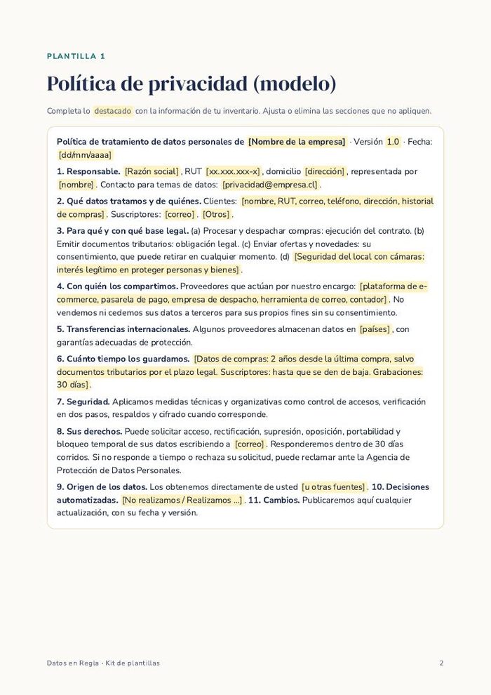 Página del regalo: política de privacidad modelo